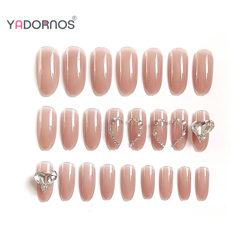 3D unhas postiças de strass com cola, bailarina dicas de unhas falsas para mulheres e meninas, amêndoa, cor nua, pressione, Love Heart Designs