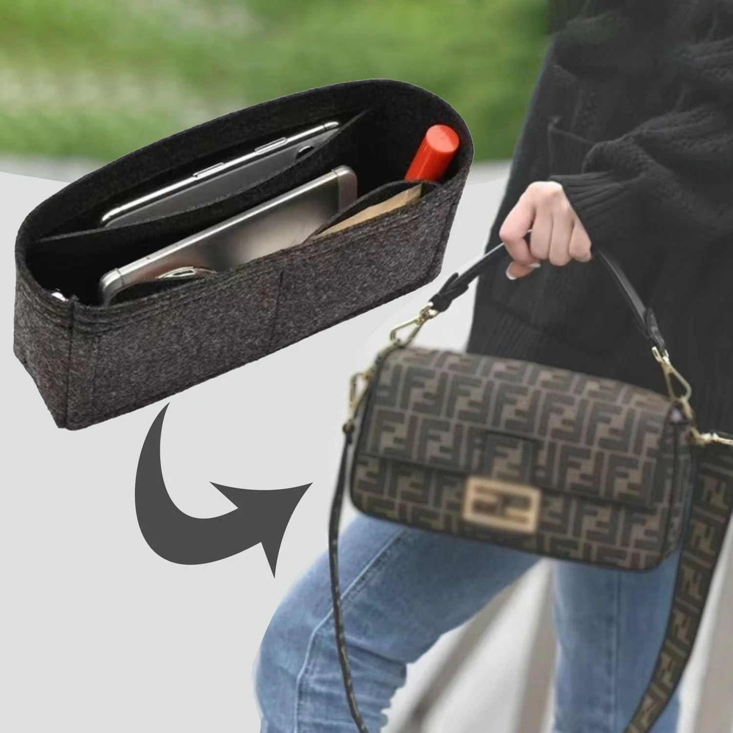 Purse Organizer Insert Felt Bag Organizer with Zipper for Baguette Small Tote Bag Finishing Inner Bag Handbags Insert Organizer