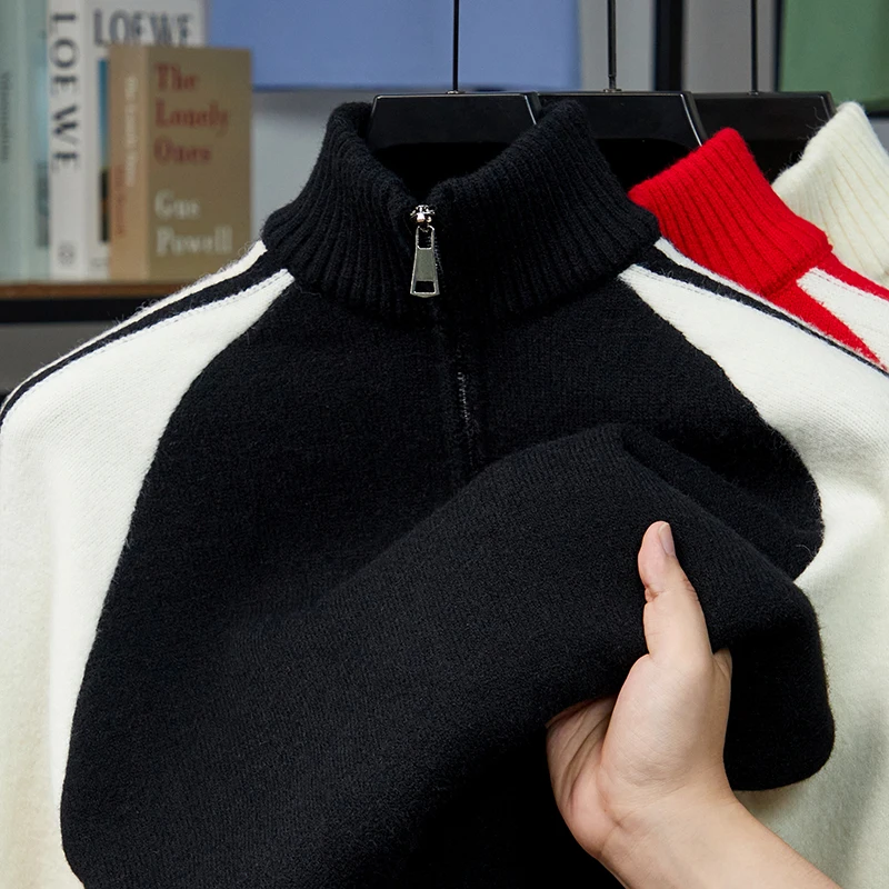 

High End Quality Men's Color Blocking Half Zipper Sweater Autumn Winter New Raglan Sleeves Knitted Sweater Fashion Menswear Top