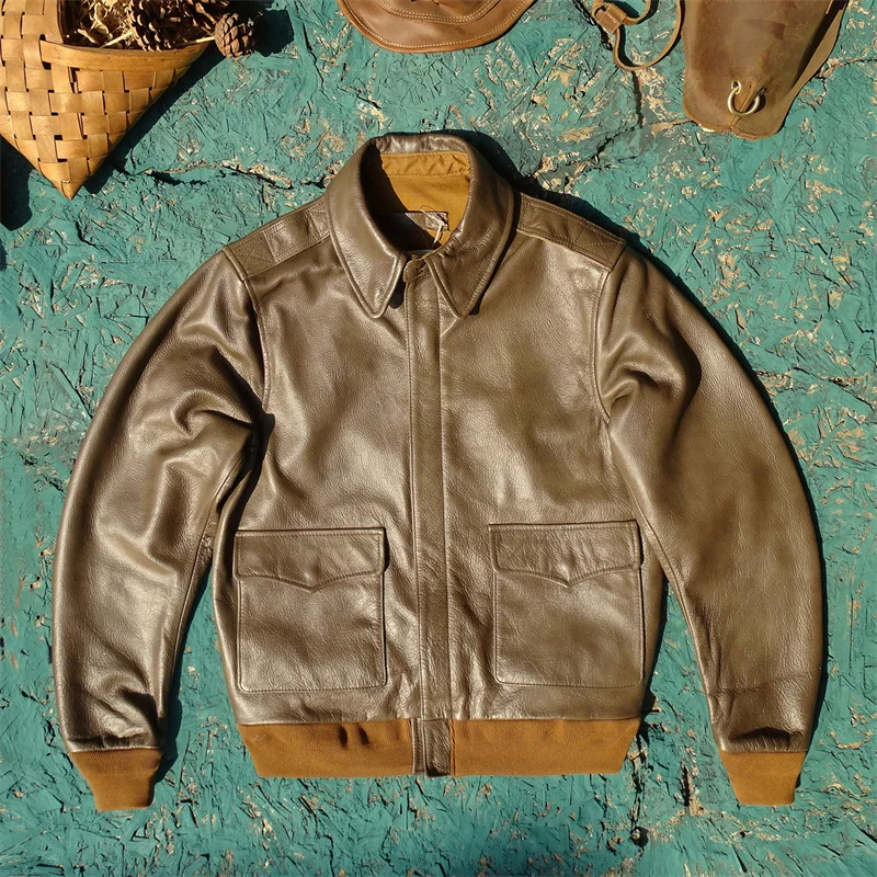 Genuine Leather Biker Jacket Men's A2 Flight Coat Light Brown Tannery Leather Windproof Long Sleeve Zipper Closure Casual Style