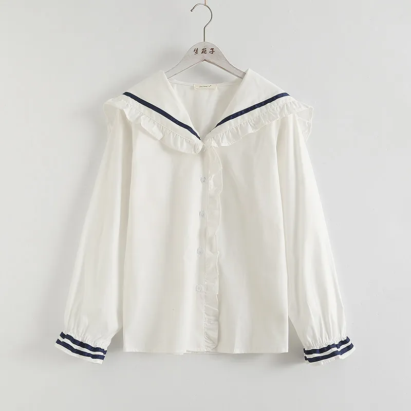 Sweet Flounce Sailor Collar Shirt for Women Autumn Casual Loose Cotton Long Sleeve Coats Splicing White Personalized Tops