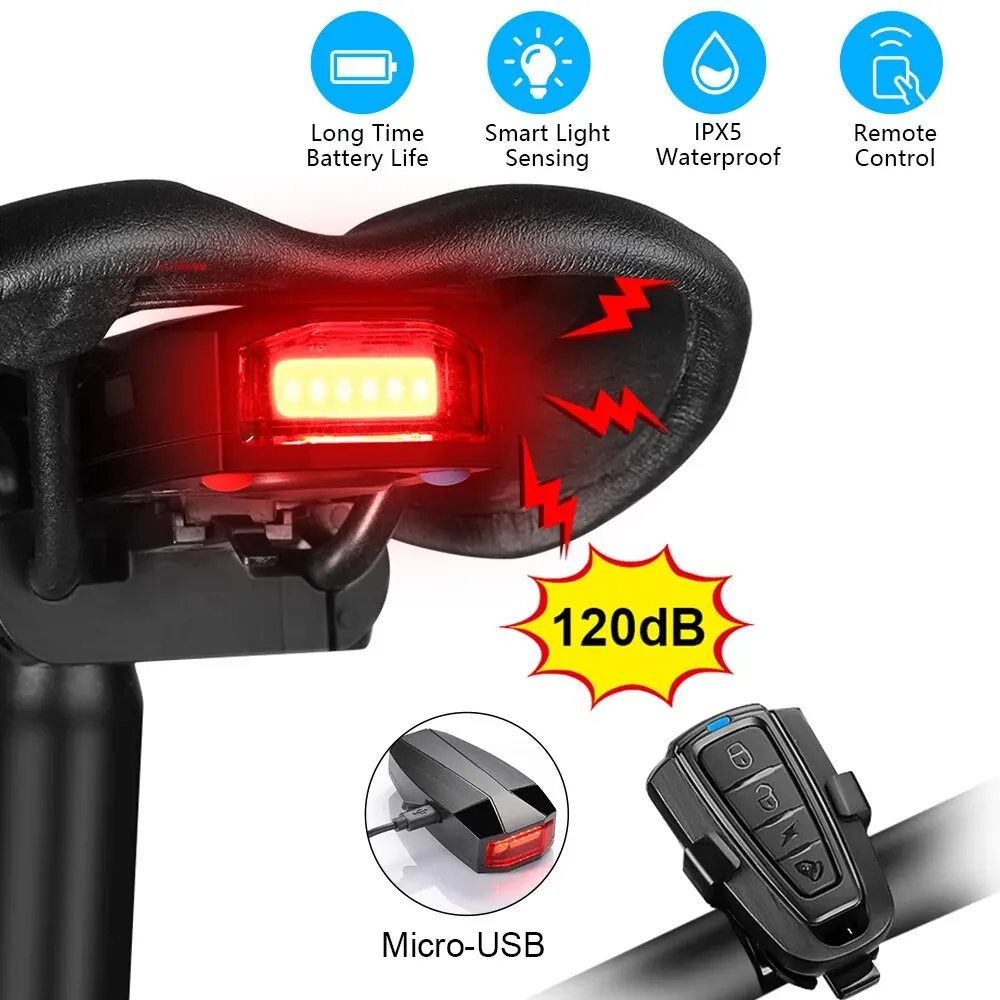 Waterproof Wireless Bike Alarm Bicycle Rear Light Anti-theft Alarm USB Charge Remote Control LED Taillight Bike Finder