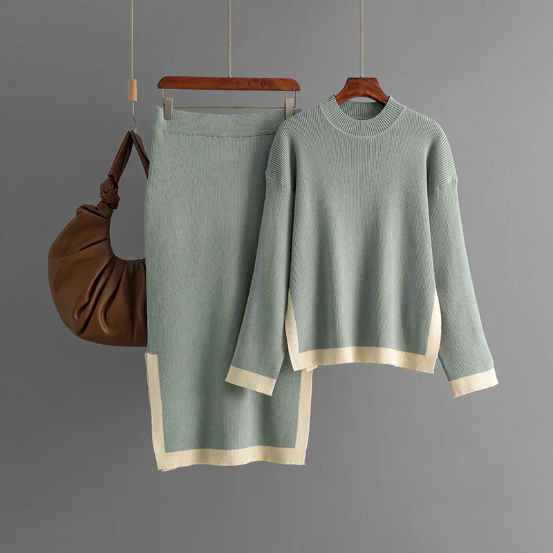 Chic Design Elegant Knit 2 Piece Sets Women O-neck Long Sleeve Knitwears Pullover Tops Suits Casual High Waist Skirts Outfit New