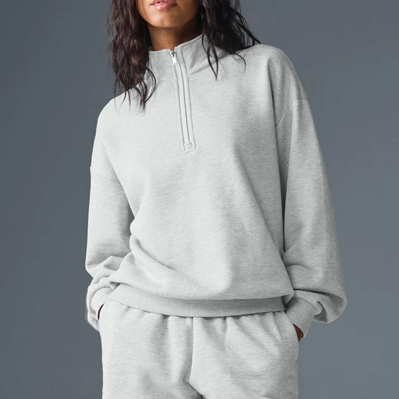 

Женский свитер, новинка осени 25, воротник-стойка с полумолнией и тиснением, повседневный спортивный свободный универсальный топ из чистого хлопка