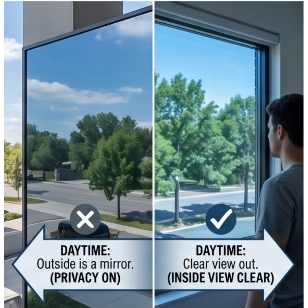 Static Cling One Way Mirror Window Film Dark Blue Outer Silver Inner No Glue Heat UV Block Privacy Window Tint for Home Office G