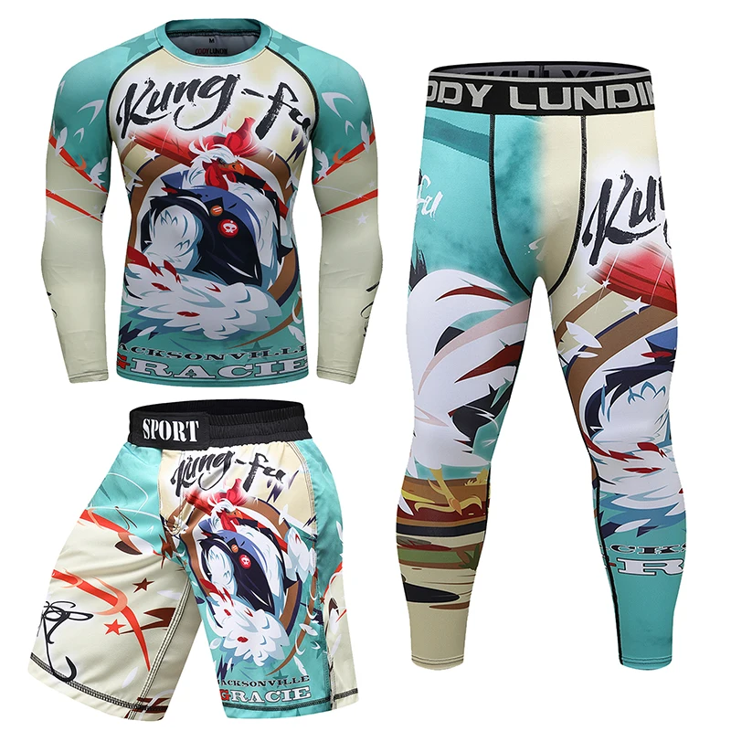 Boks Jiu Jitsu BJJ Rash Guards MMAT-shirt + spodnie garnitur męski Rasguard No GI MMA Ranked spodenki kompresyjna warstwa podstawowa Kickboxing