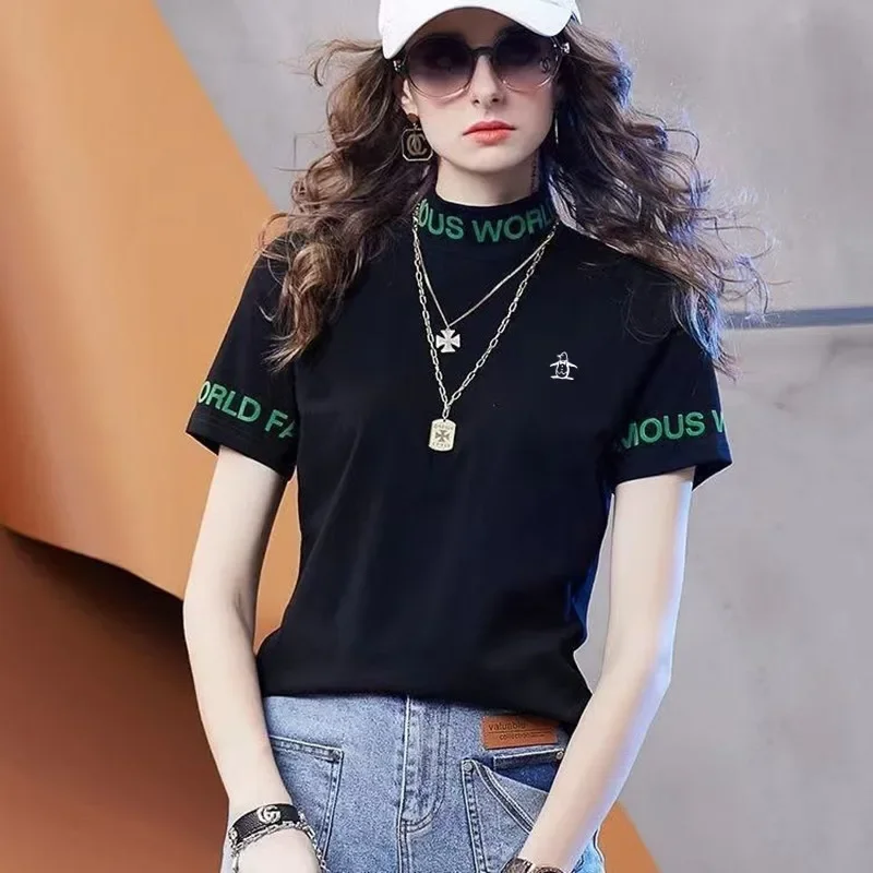 Pure Cotton Tennis T-shirt Women Golf Wear 2026 Summer New Golf Short Sleeve Fashion Mock Neck Casual Top Women Golf Clothes