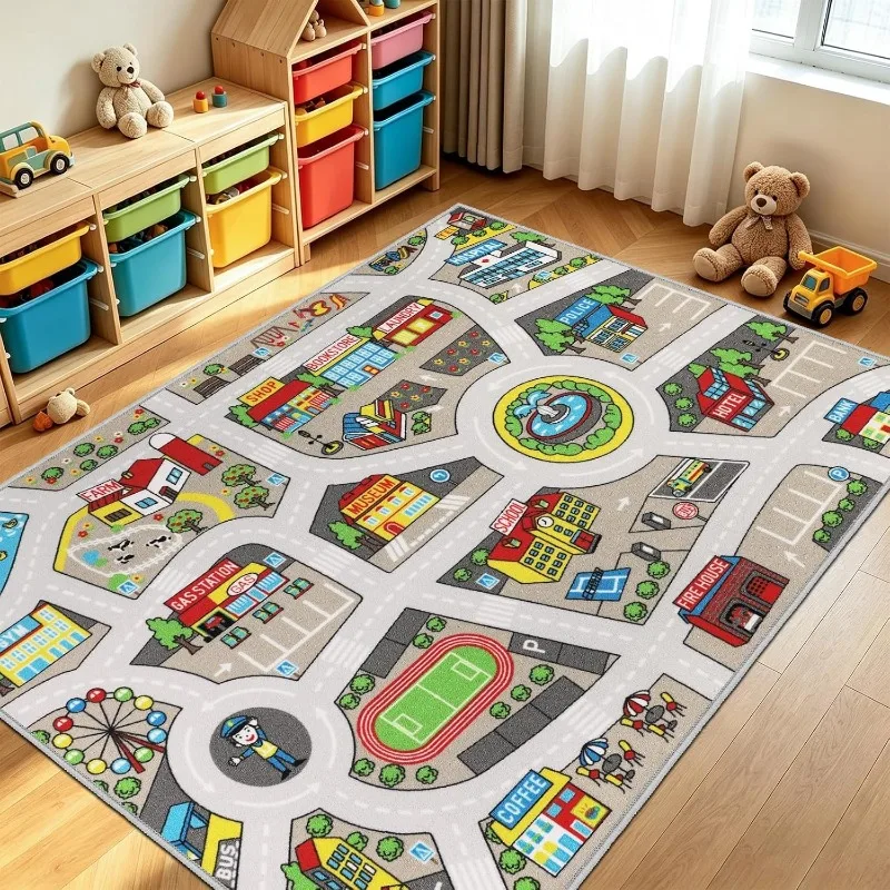 Urban Town Road Traffic Carpet Colorful City Street Map Multi‑Buildings Printed Floor Carpet Creative Decorative Area Rug