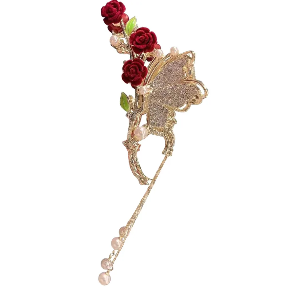 Rose Flower Hair Claw Clip with Pearl Rhinestone Elegant Back Hair Clamp Holder for Wedding Birthday Office