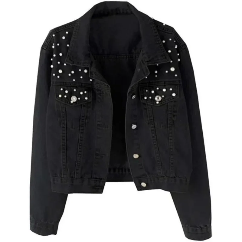 

Women's Light Blue Loose Denim Jacket European - style with Beaded and Rhinestone Embellishments for Students