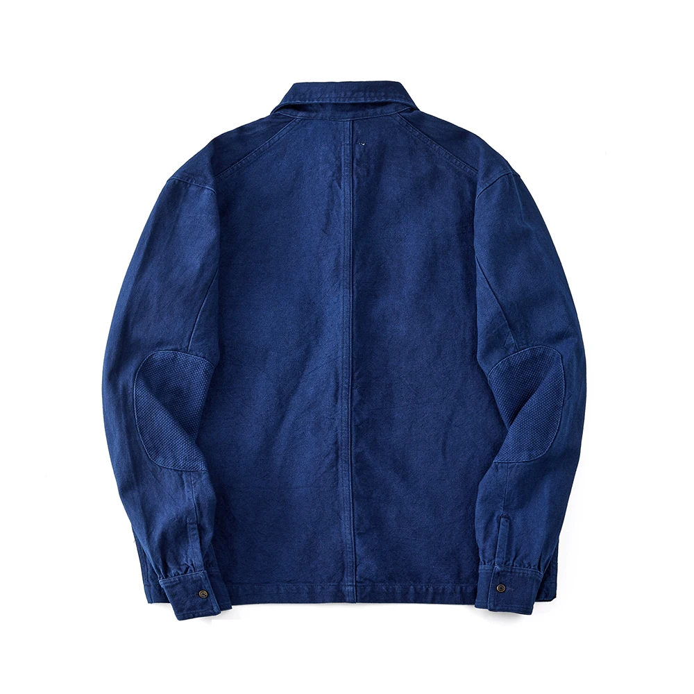 Vintage Handmade Indigo Canvas Jacket Men Autumn Winter New Blue Dyed Lapel Multi-pocket Long Sleeve Jacket Casual Cardigan Coat