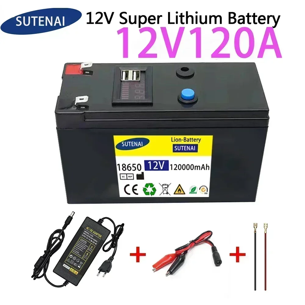 12V Battery 120Ah 18650 lithium battery pack Rechargeable battery for solar energy electric vehicle battery+12.6v3A charger