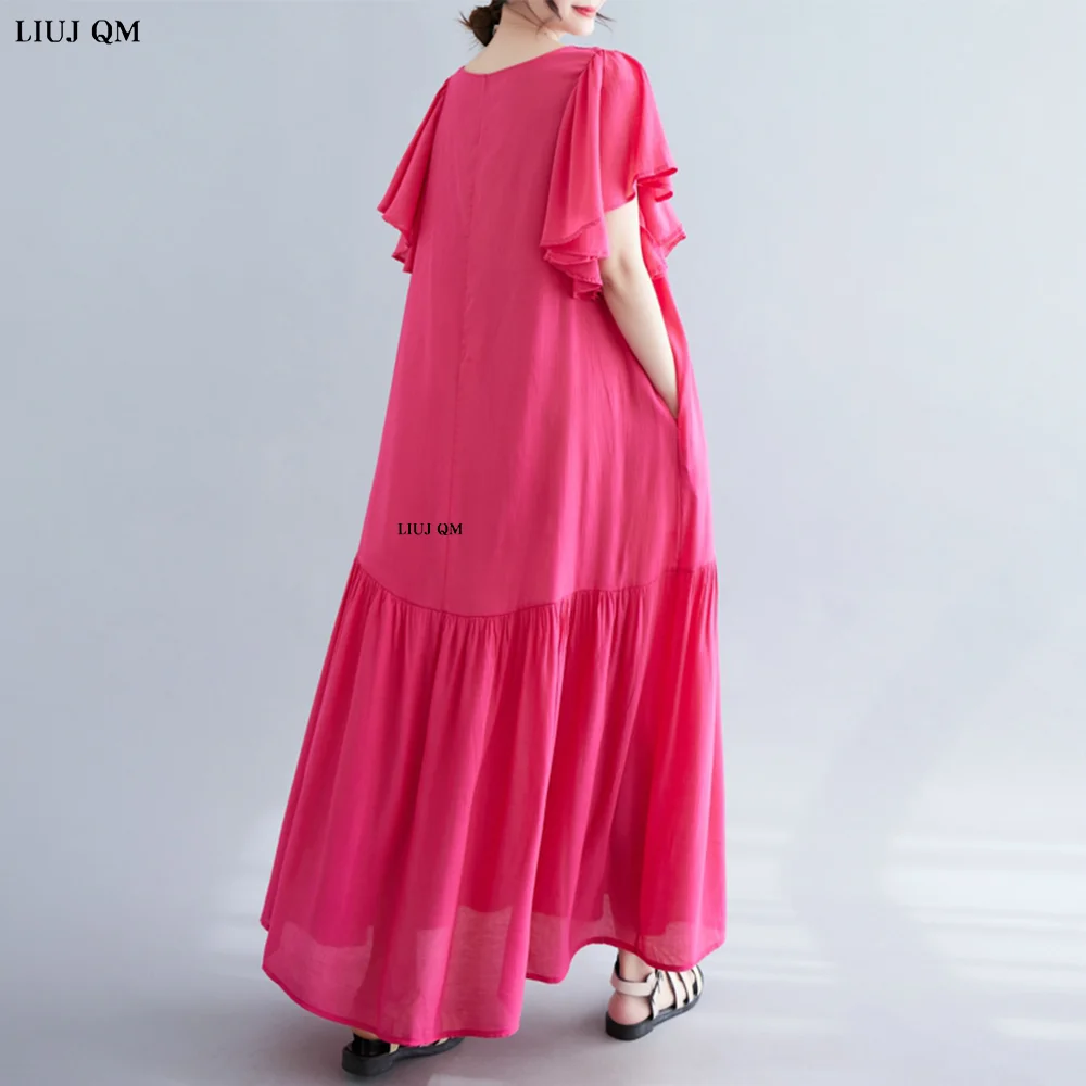 Womens Summer Plus Size Dress Lotus Sleeve O Neck Flowy Casual Bohemian Midi Dresses Ruffled Hem Swing Vacation Long Sundress