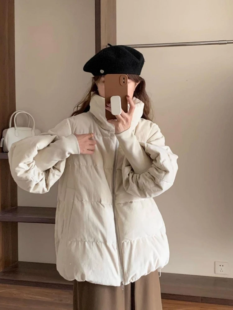 Korean Style Chic Cropped Cord Puffer Parka Women Petite High Neck Lantern Sleeve Loose Fit Thick Warm Winter Casual Streetwear