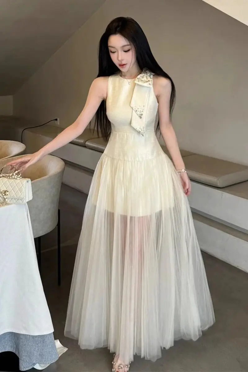 

French Heavy Work Bow Sheer Mesh Gown Women's Summer O-neck Sleeveless Slim Fit Elegant Mermaid Dress Haute Couture Fashionable