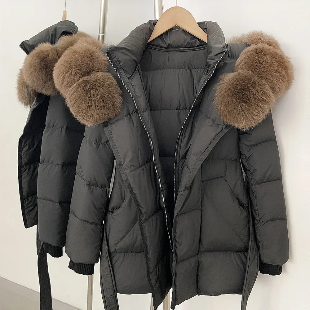 OFTBUY New Winter Real Fur Outerwear Women's Down Jacket with Real Fox Fur Belted Waist Mid-Length White Duck Down Puffer Coat