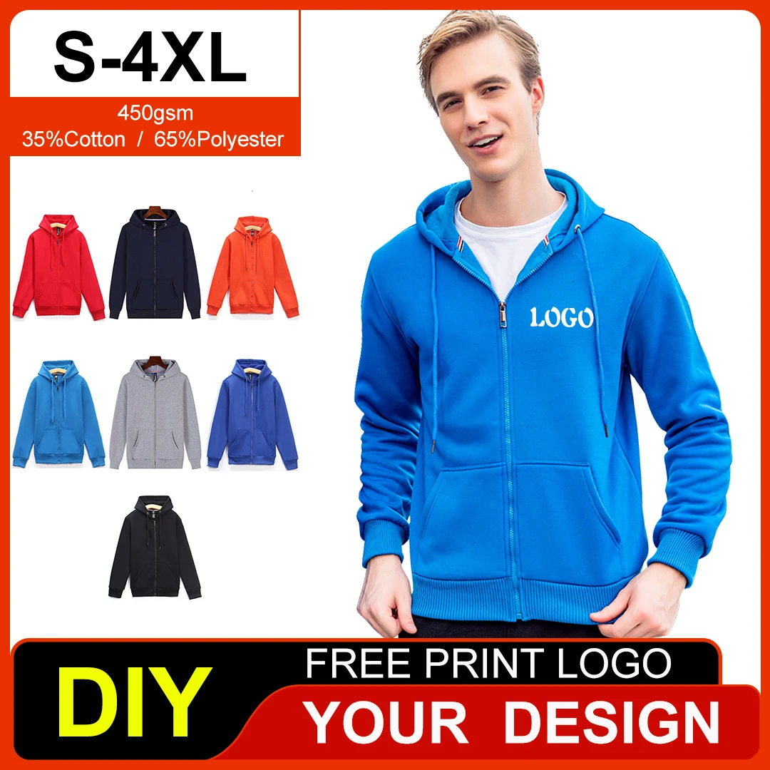 450gsm algodão zíper de pelúcia grosso hoodie para homens mulheres diy personalizado impresso design logotipo pulôver quente oversized S-4XL camisolas