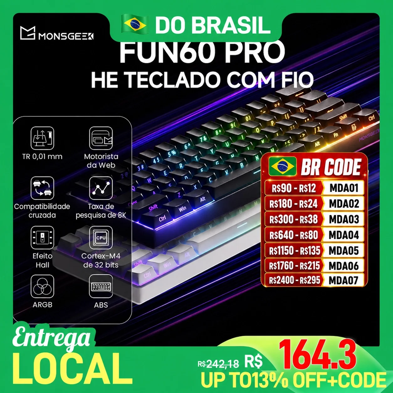 Akko monsGeek fun60 pro he teclado mecânico interruptor magnético 60% teclado para jogos gatilho rápido 0.01mm 8k teclado personalizado com fio
