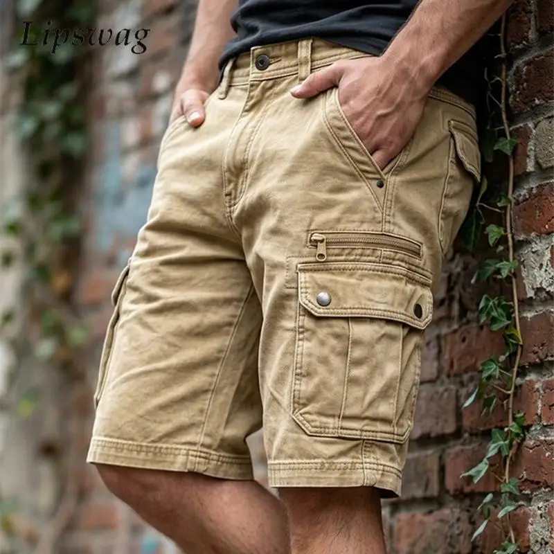 Fashionable Mens Solid Color Cargo Shorts Streetwear Casual Multi Pocket Loose Straight Shorts Men Spring Summer Vintage Shorts