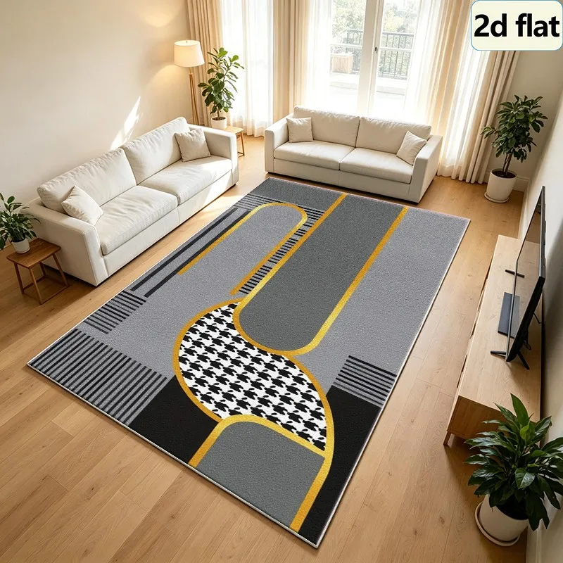 Art Deco Style Gray, Black, and Gold Houndstooth Geometric Pattern Carpet, Square Carpet, Non-Slip, Washable Floor Carpet Suitable for Bedroom, Hallway, Modern Home