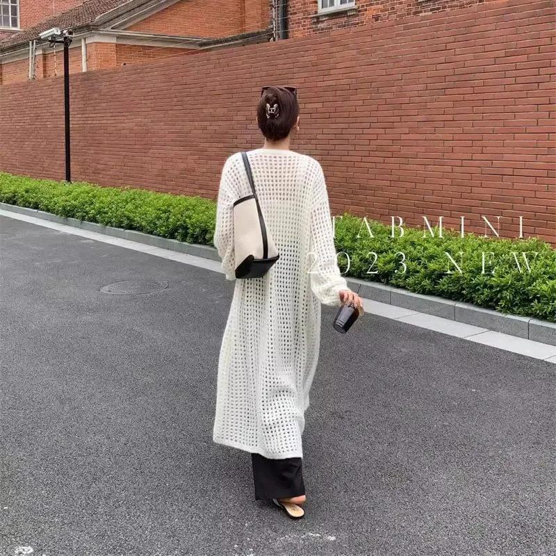 V-neck Hollow Out Long Knit Sweater Summer Thin Cardigan Women\'s Shawl Loose Air Conditioning Shirt Female Wearing Outside Jacke