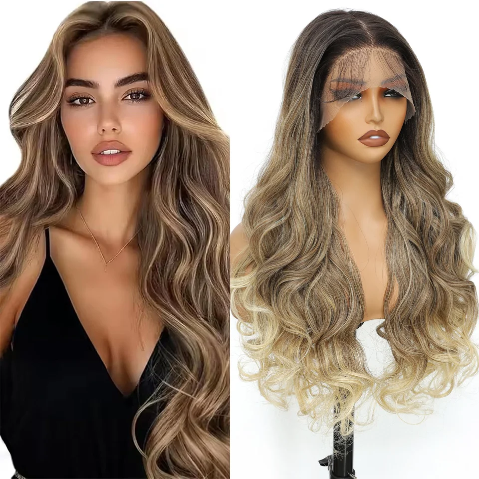 

Ombre Blonde 13x4 Body Wave Transparent Lace Front Wigs 180% Density 13x4 Lace Front Wigs 30 Inches Synthetic Hair Wig For Women