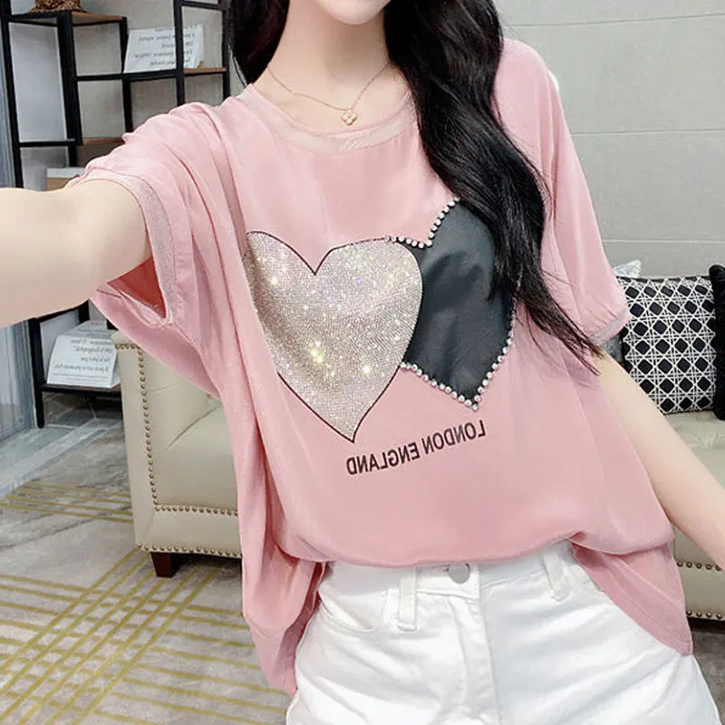 Casual Heart-shaped Pullovers Fashion Diamonds Women\'s Clothing Lace Hollow Out Korean Gauze Patchwork Summer Loose T-shirt 2023