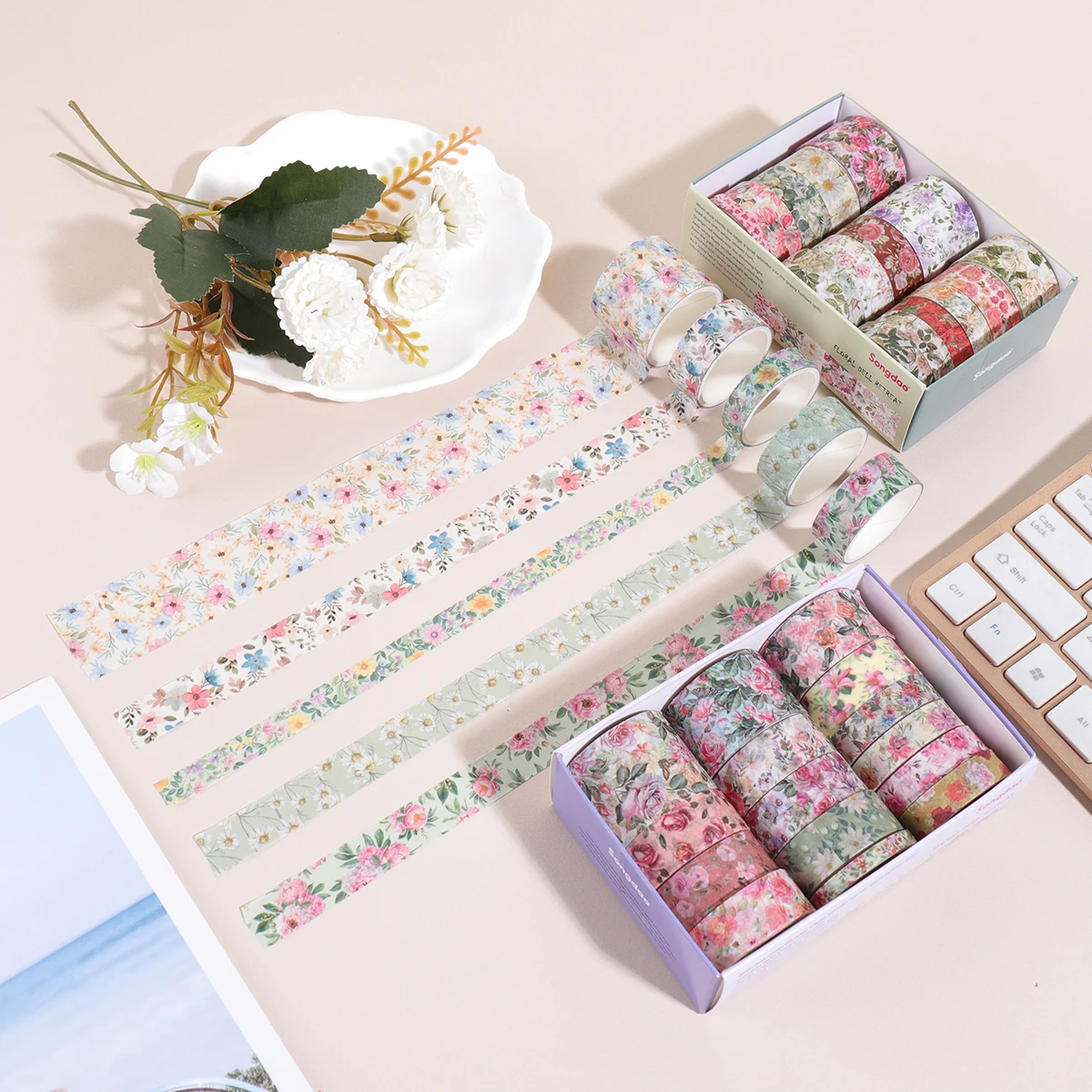 مجموعة 15 لفة/صندوق من شريط واشي بطابع الأزهار، تتميز بأنماط أوراق الزهور المختلفة، ومواد تزيين المجلات بنفسك