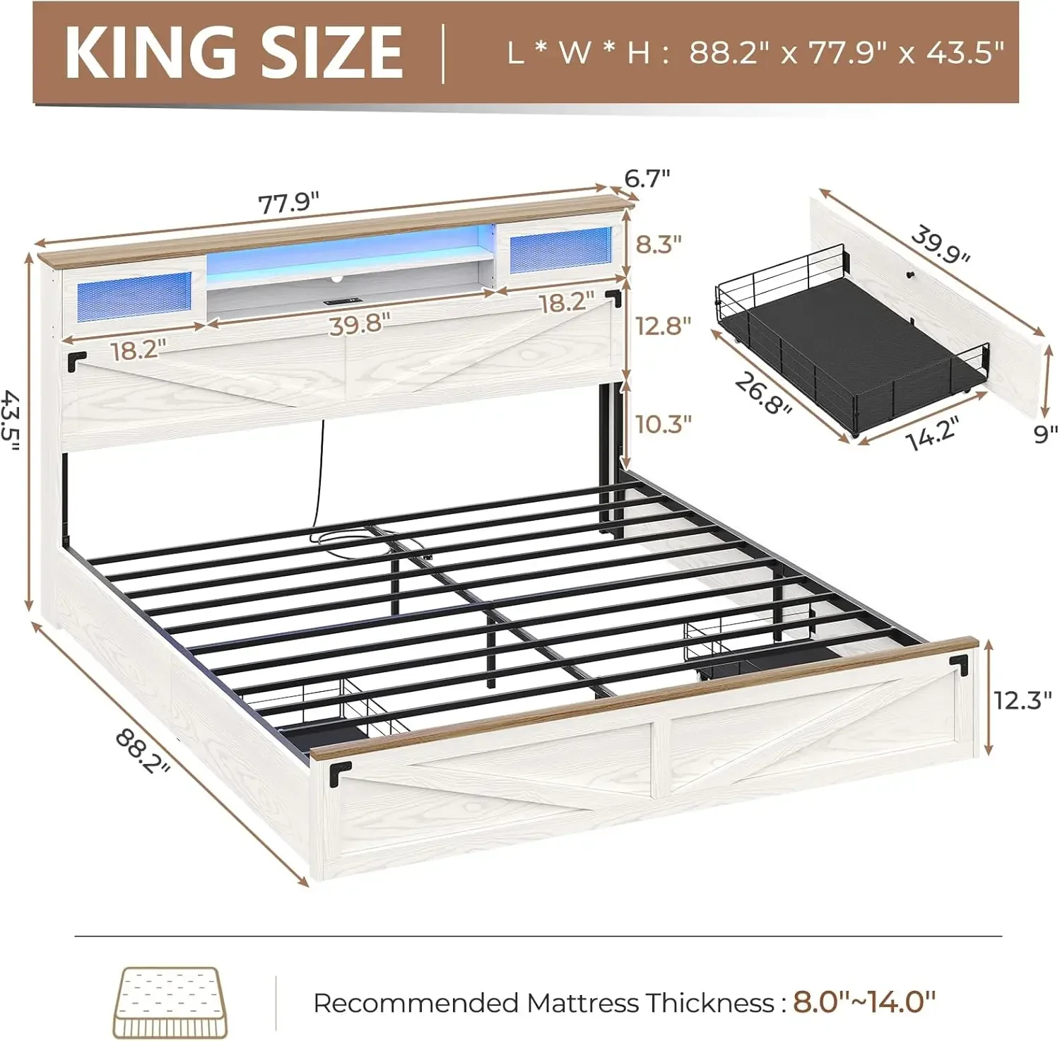 Farmhouse Bed Frame King Size with Bookcase Headboard,  King Bed with LED Lights and Charging Station, Accent with Sliding,White