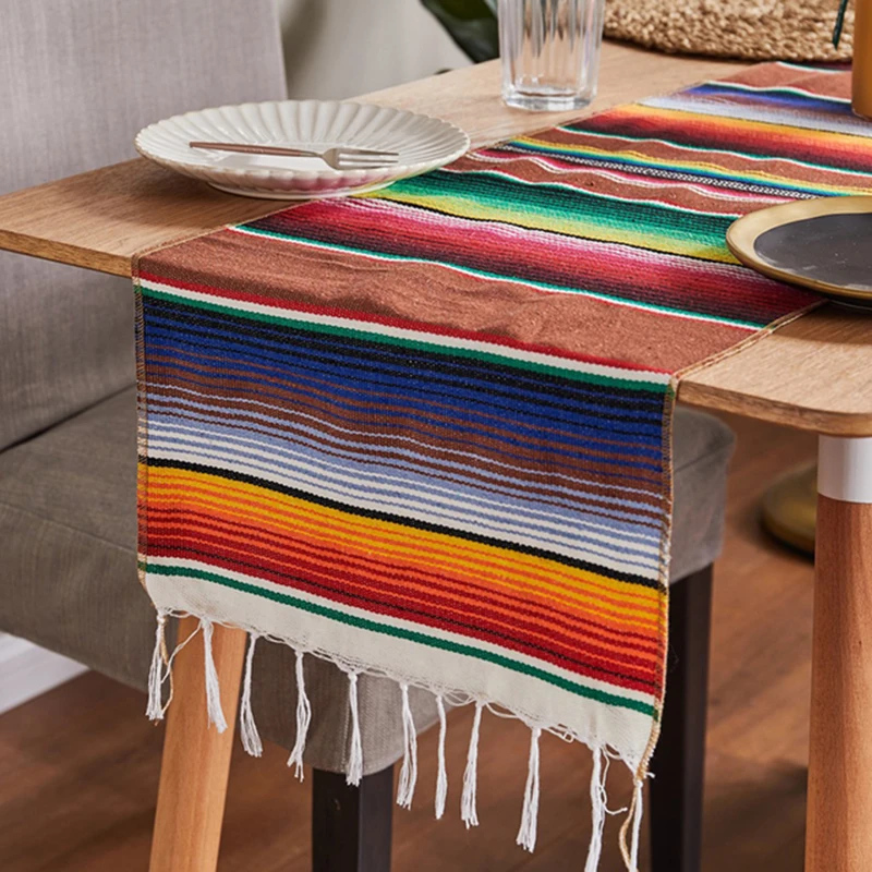 

Striped Print Table Runner with Tassels Bohemian High Quality Boho Ethnic Style Colorful Tablecloth Mexican Home Decorations