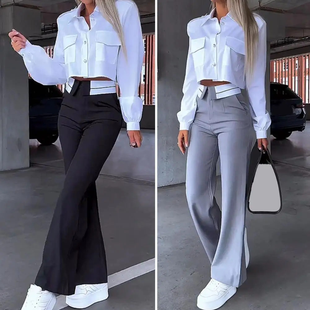 2 Pcs/Set Women Pants Top Suit Lapel Long Sleeve Butttons Outfit High Waist Straight Solid Color Pockets Lady Shirt Trousers Set