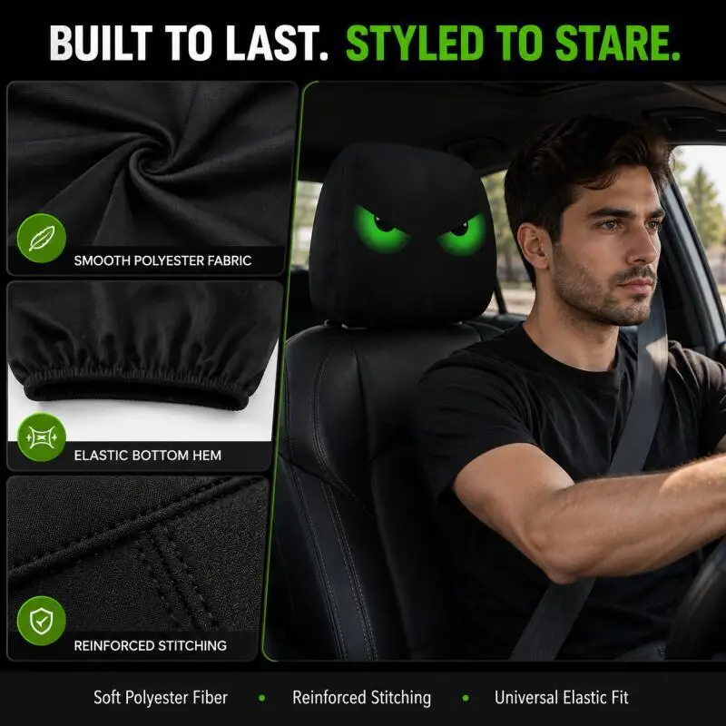 1 PC Car Headrest Cover with Glowing Green Eyes, Soft High-Elastic 2D Printed Universal Auto Headrest Protector