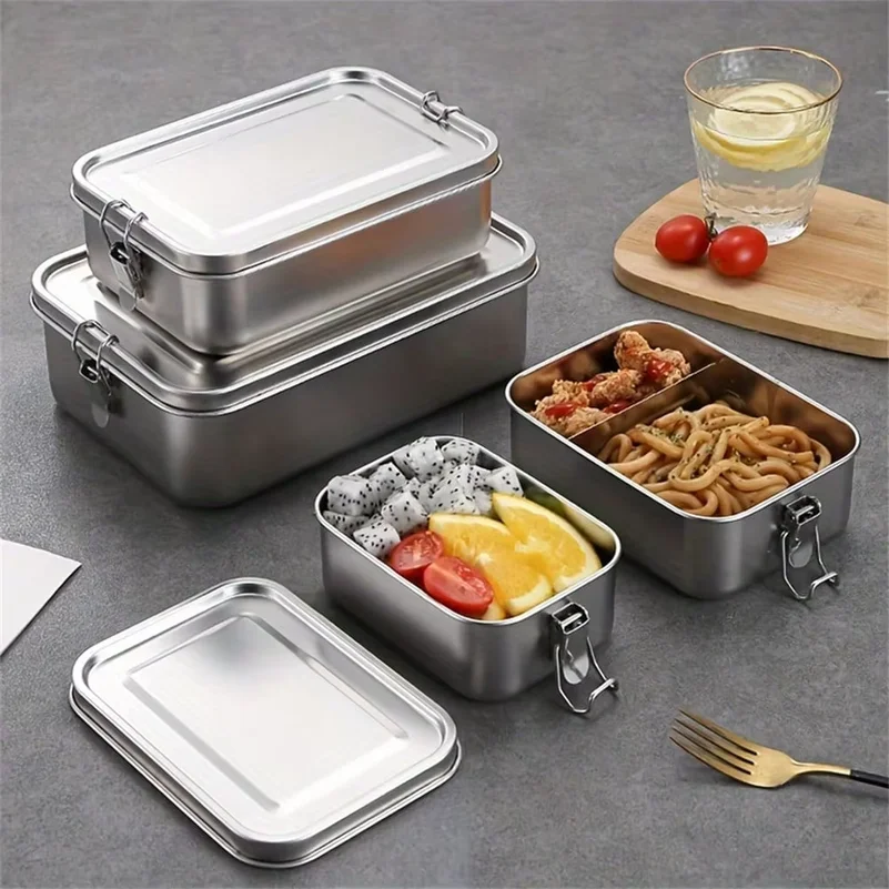 304StainlessSteel Square Lunch BoxLargeSingle Layer With Buckle Metal PicnicBo WithLidHand Wash, Manual, No Electricity Required