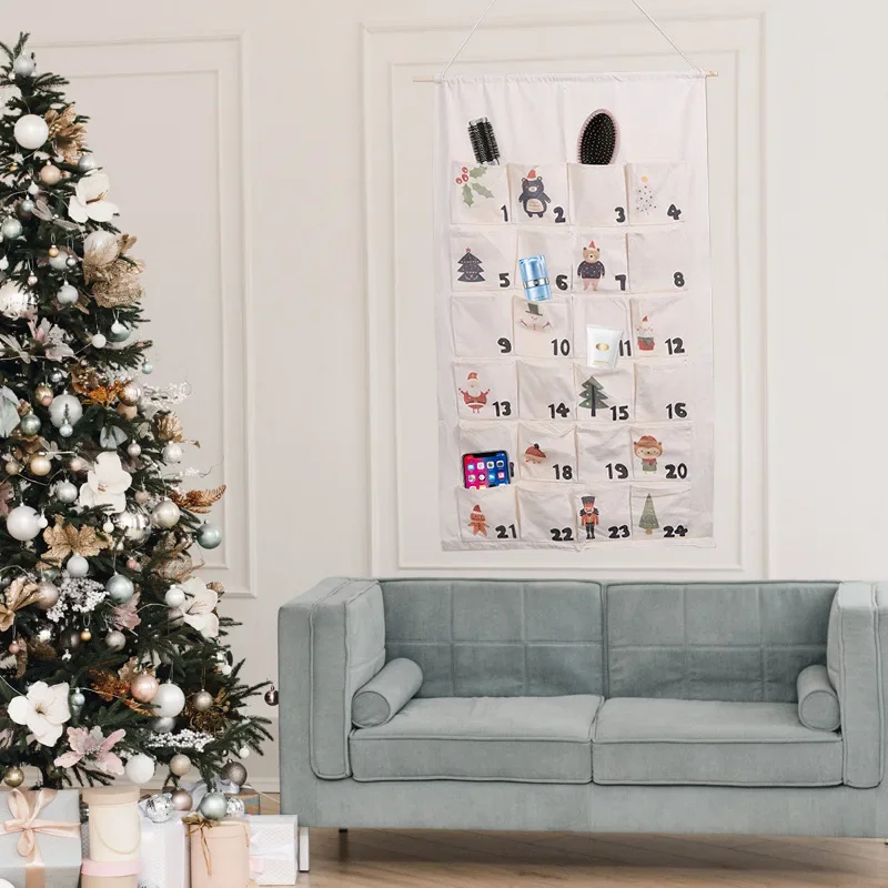 

New Arrival Custom Text Pattern Fabric Advent Calendar Reusable Wall Hanging 24 Pockets Christmas Countdown Ornament Home Decor