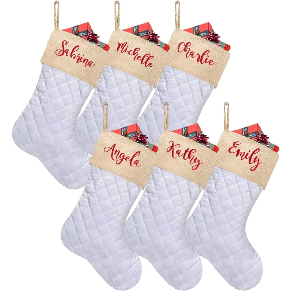 Personalized Christmas Stockings Set of 6 Cotton Quilted Large Luxury Burlap Embroidered Christmas Stocking