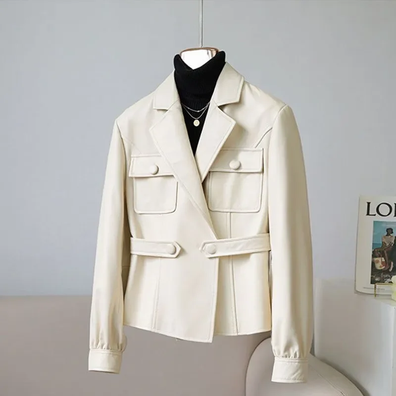 Primavera outono curto blazer de couro casaco feminino 2025 nova moda solta jaqueta de couro do plutônio cor pura preto branco outerwear feminino
