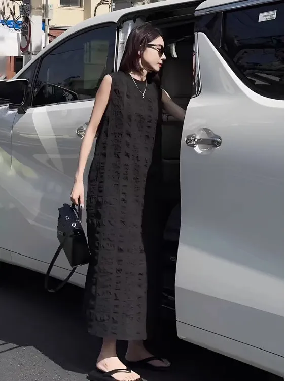 Francês sle solto cintura colete dr feminino redondo ne svel longo verão dr ele simples saia linha a peça única