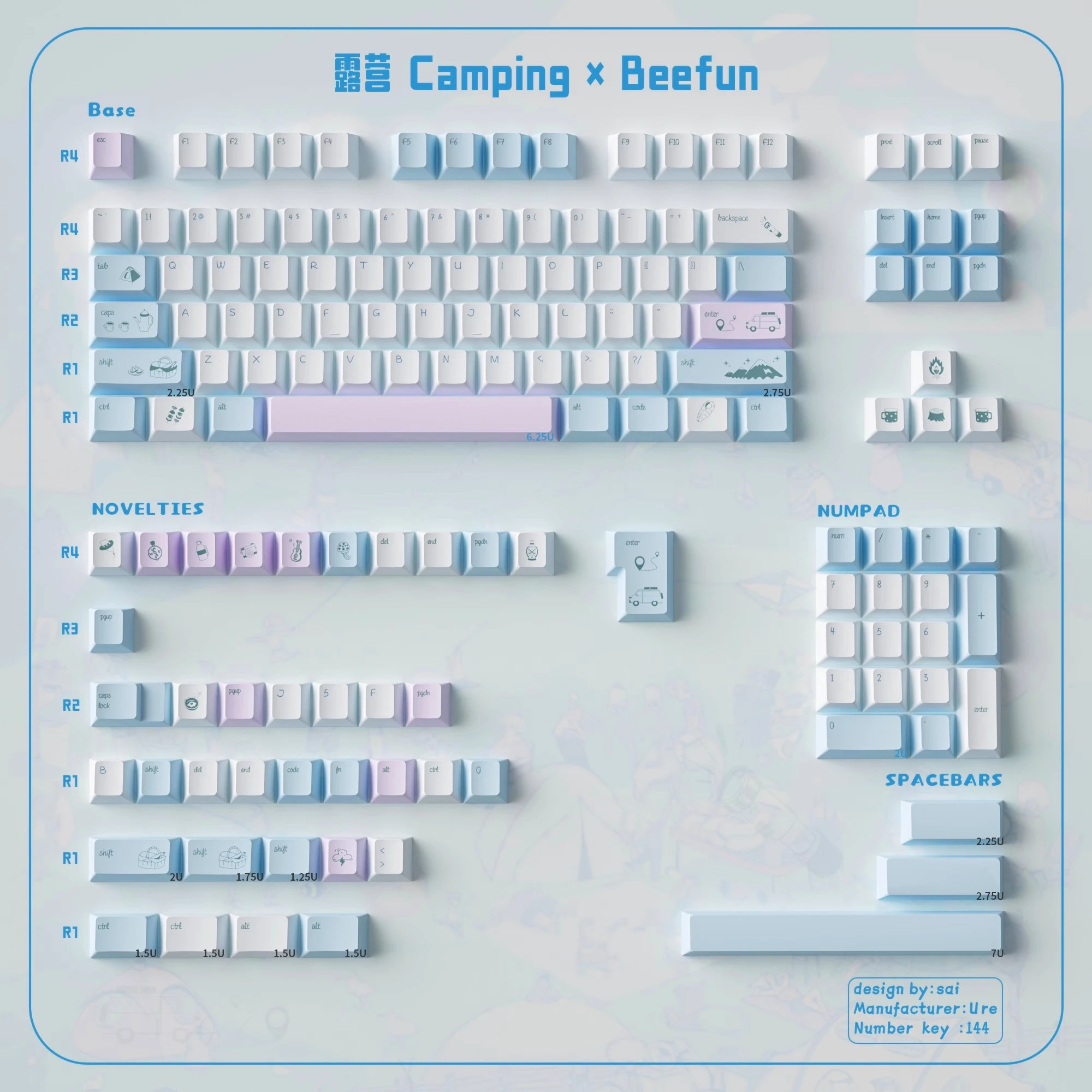 

Camping Keycaps Blue Pbt Sublimation 144Keys Customized Cherry Alice Layout Iso Layout Keycaps