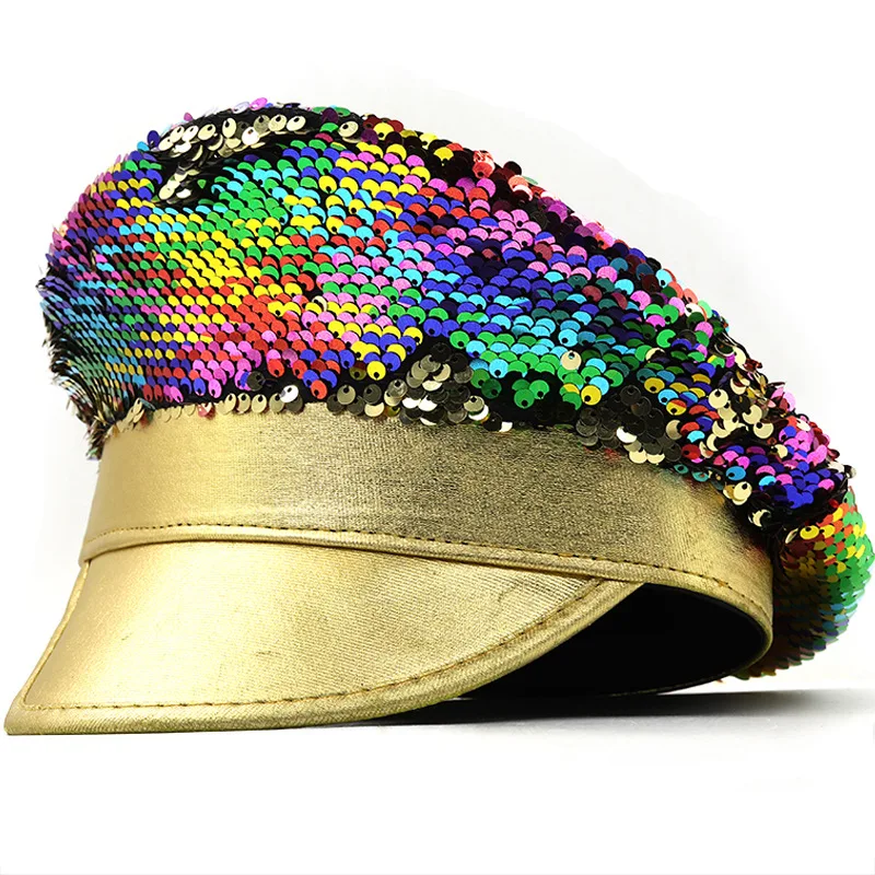 

Luxurious Colorful Sequin Wedding Hat Gold Leather Brim Ladies Photography Hat Peaked Cap Flat Top Hat Performance Hat