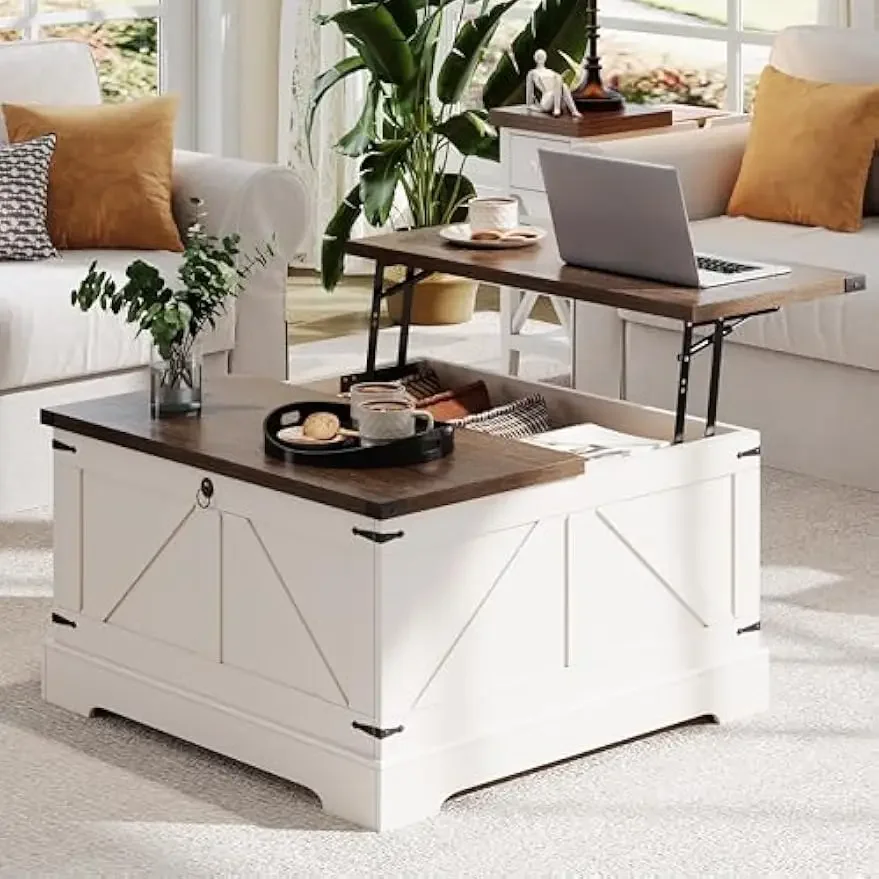 Mesa de centro de granja con almacenamiento oculto, mesa de centro cuadrada grande con tapa elevable y cajón abatible, madera rústica