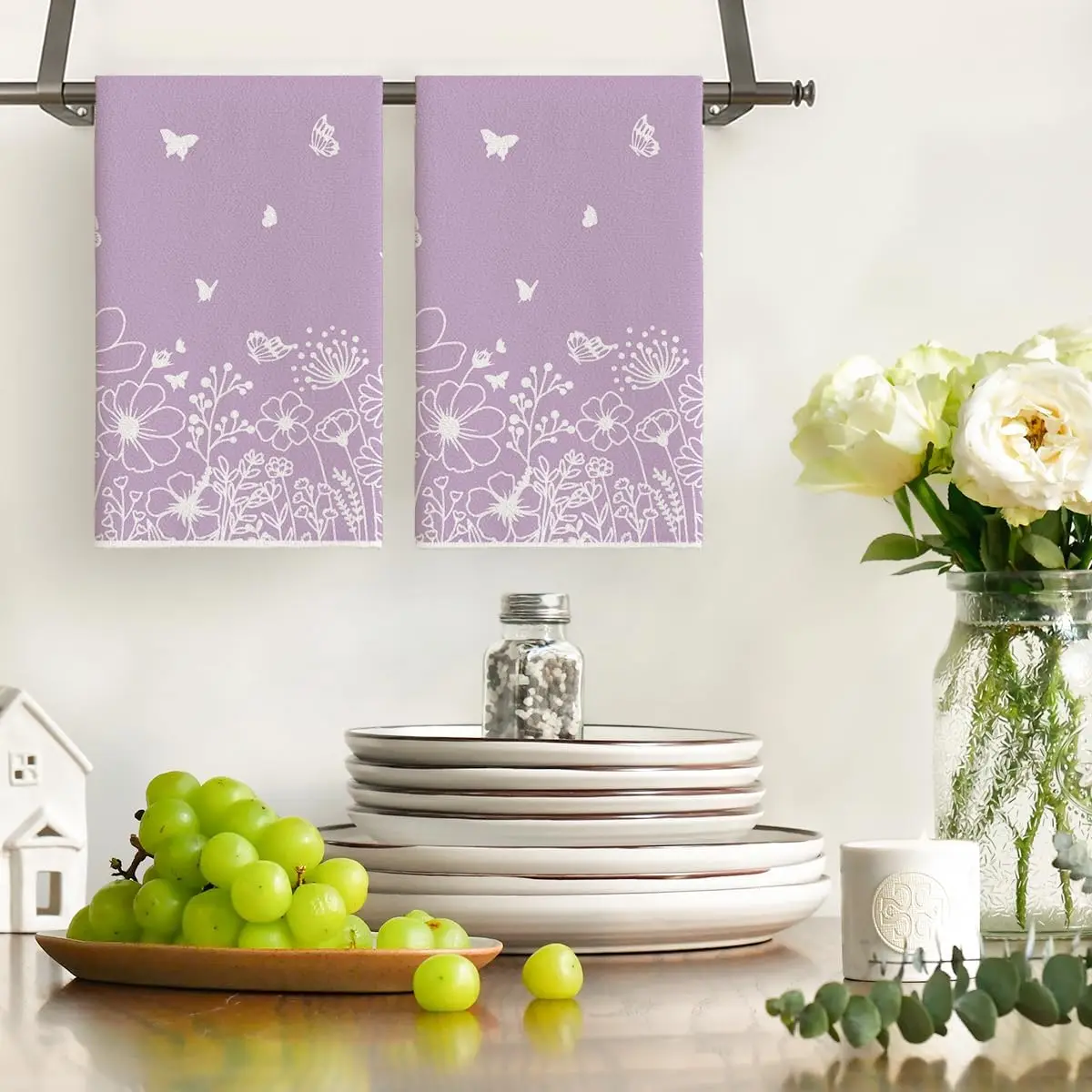 2-Pack Purple Butterfly Floral Kitchen Towels, Dish Towels, Hand Towels, Holiday Decorative Hand Towels, Soft Absorbent Drying Cloths, Kitchen Decor, Table Decor, Kitchen Supplies, Home Decor