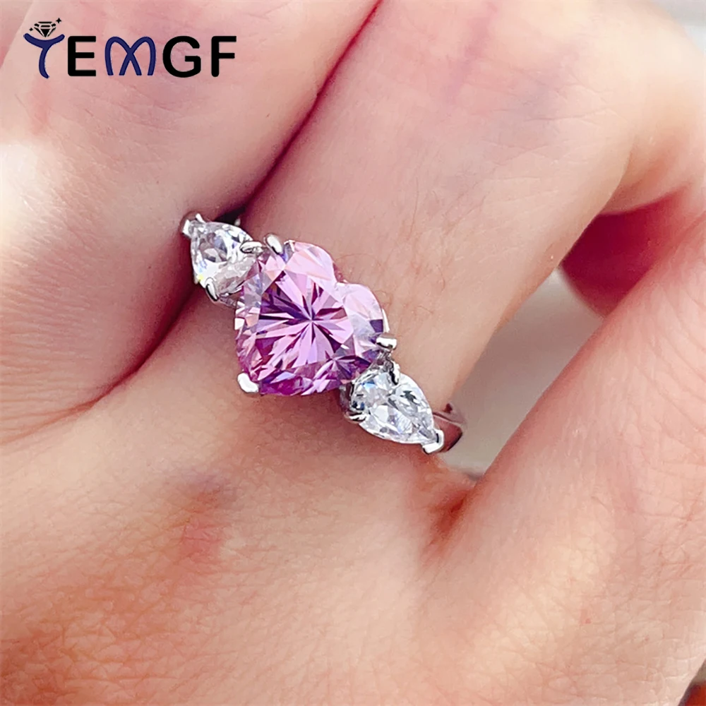 

TEMGF 1CT/2CT/3CT Heart Cut Moissanite Ring for Women 925 Sterling Silver Fine Jewelry Bridal Wedding Luxury Shiny 3 Stones Ring