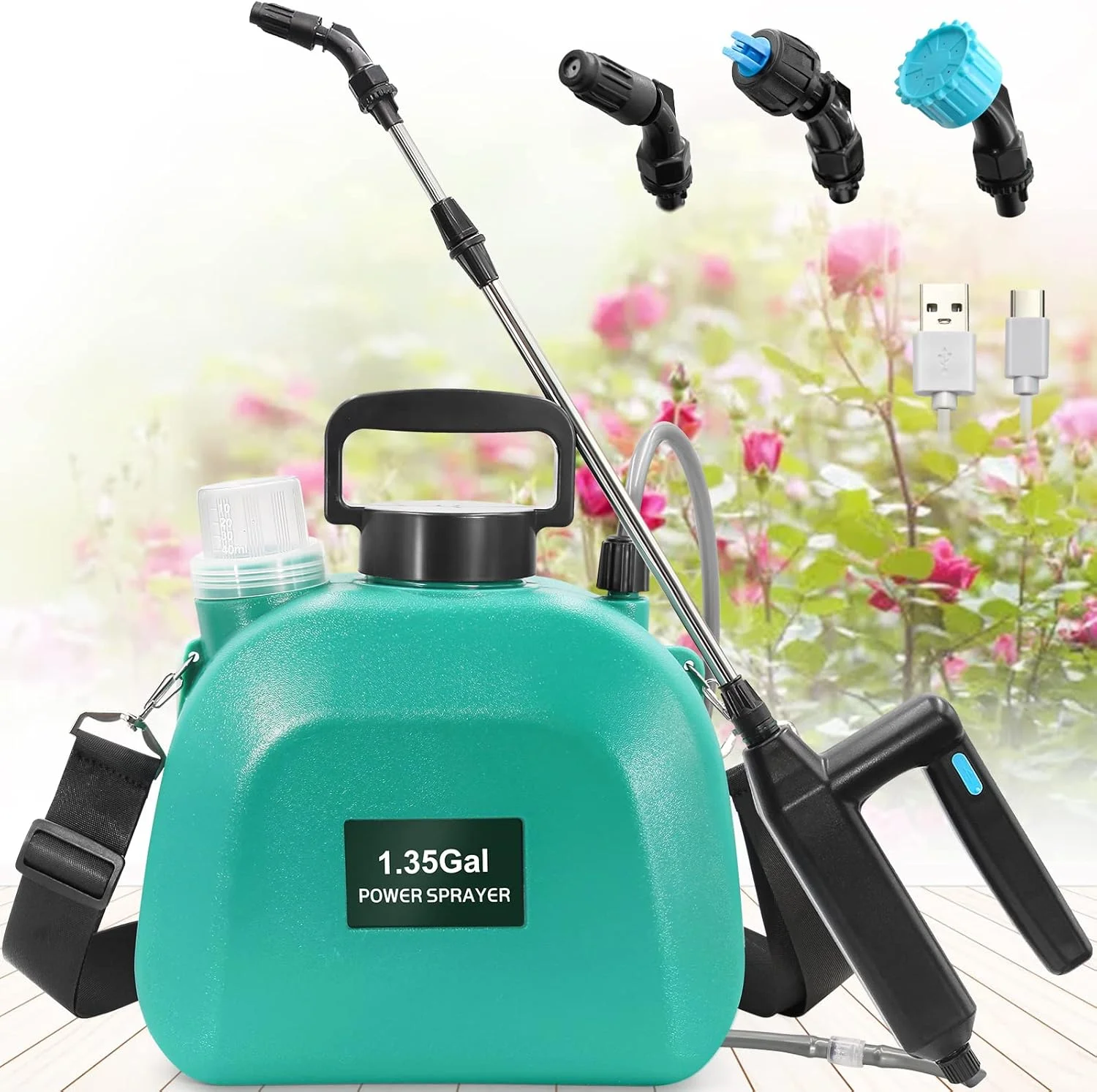

Battery Powered Sprayer 1.35Gallon, Upgrade Electric Garden Sprayer with 3 Mist Nozzles, USB Rechargeable Handle and Retractable