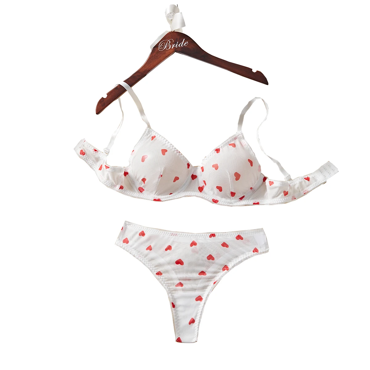White Heart Print Lace Trim Underwear Set Women's Lingerie Bra And Panty Set For Valentine's Day