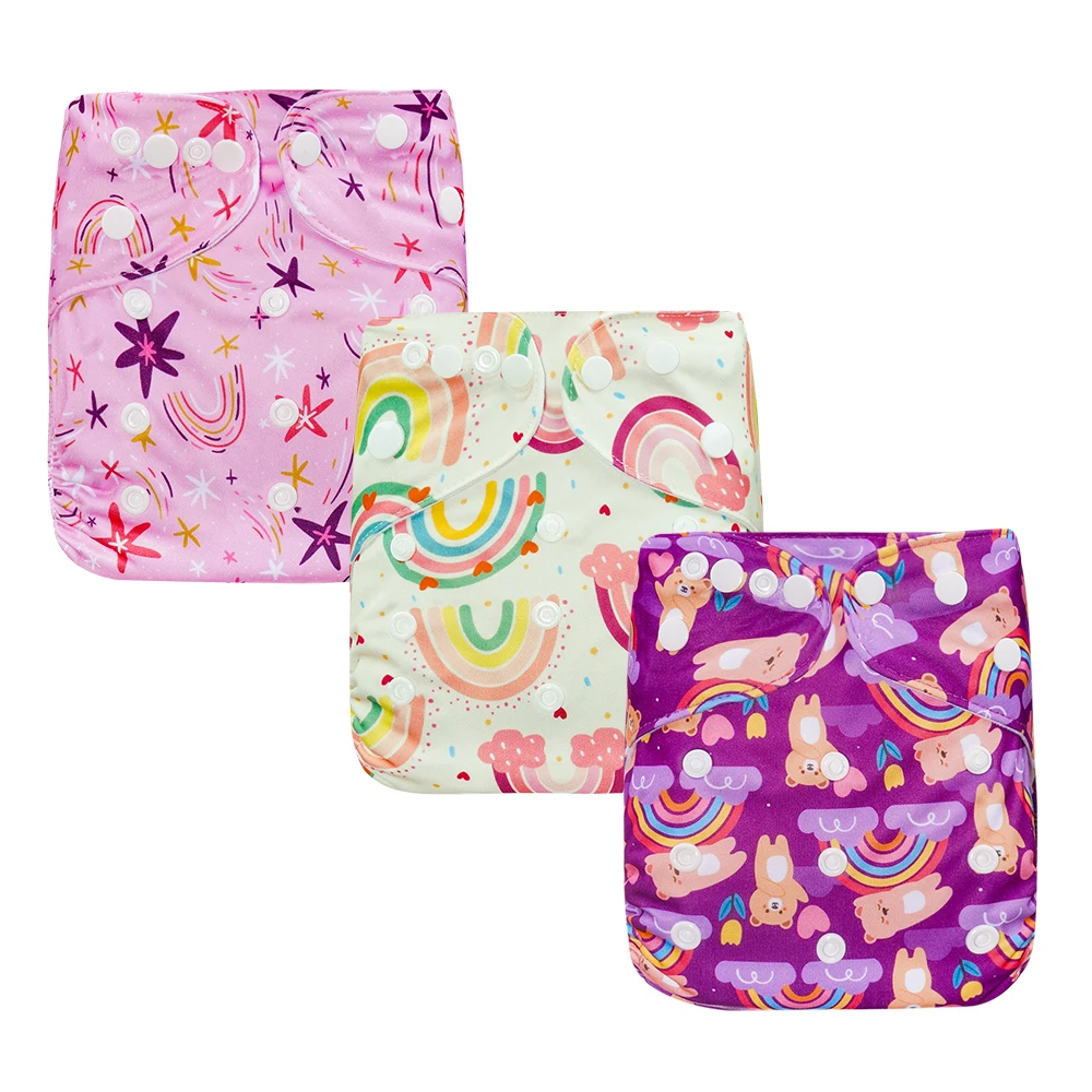 HappyFlute 3Pcs Set Cute Style OS Pocket Waterproof Nappy Washable&Reusable Baby Nappy Full Printed Adjustable Baby Diaper Cover