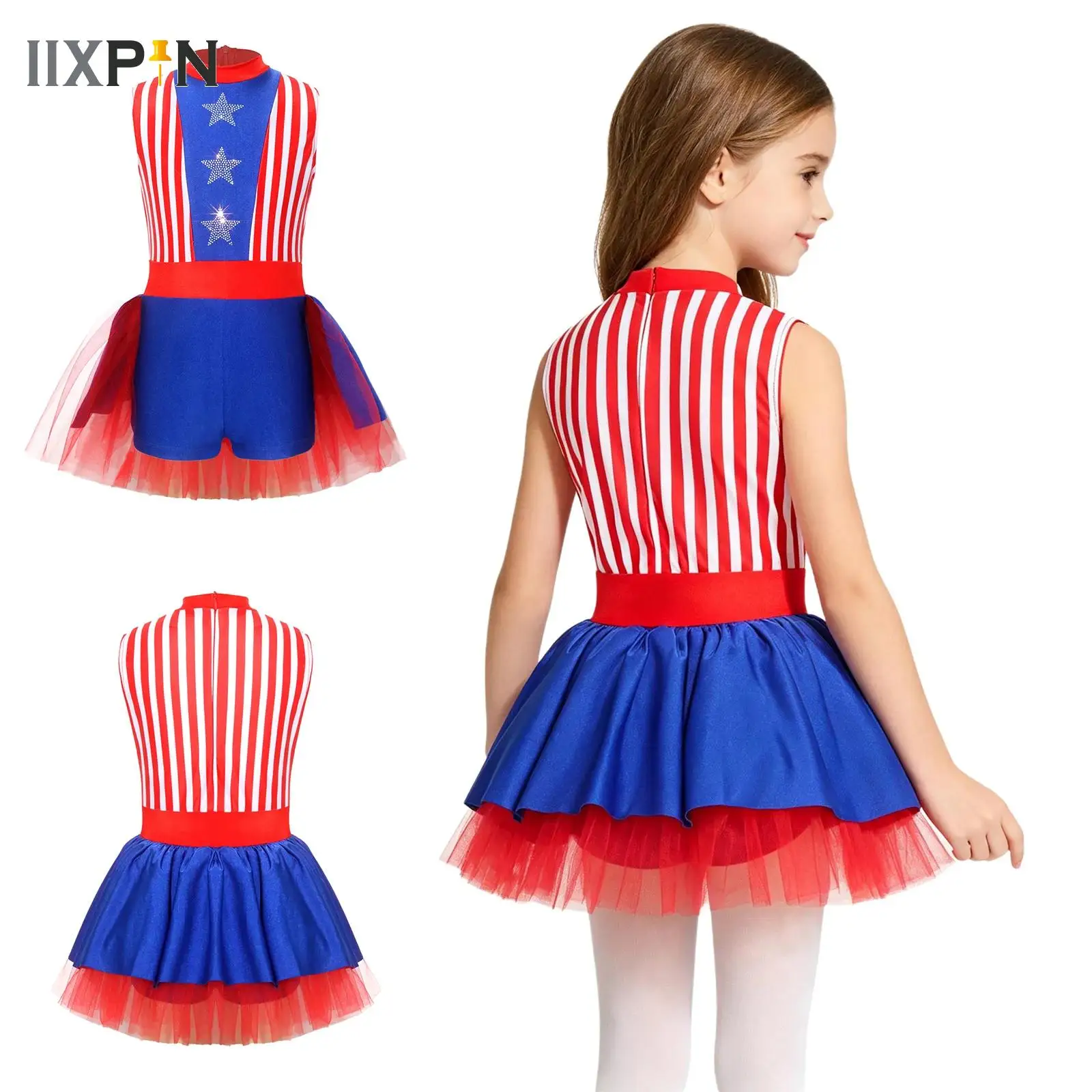 Kids Rhythmic Gymnastics Jersey Artistic Figure Skating Ballet Lyrical Dance Performance Leotards Dress Stars Striped Jumpsuit