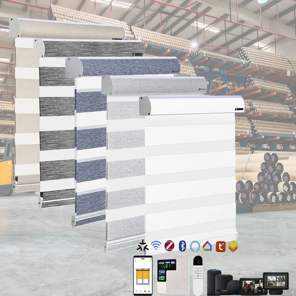 Modern Design Motorized Smart Control Cordless Full Blackout  Light Filtering Zebra Blinds for Windows