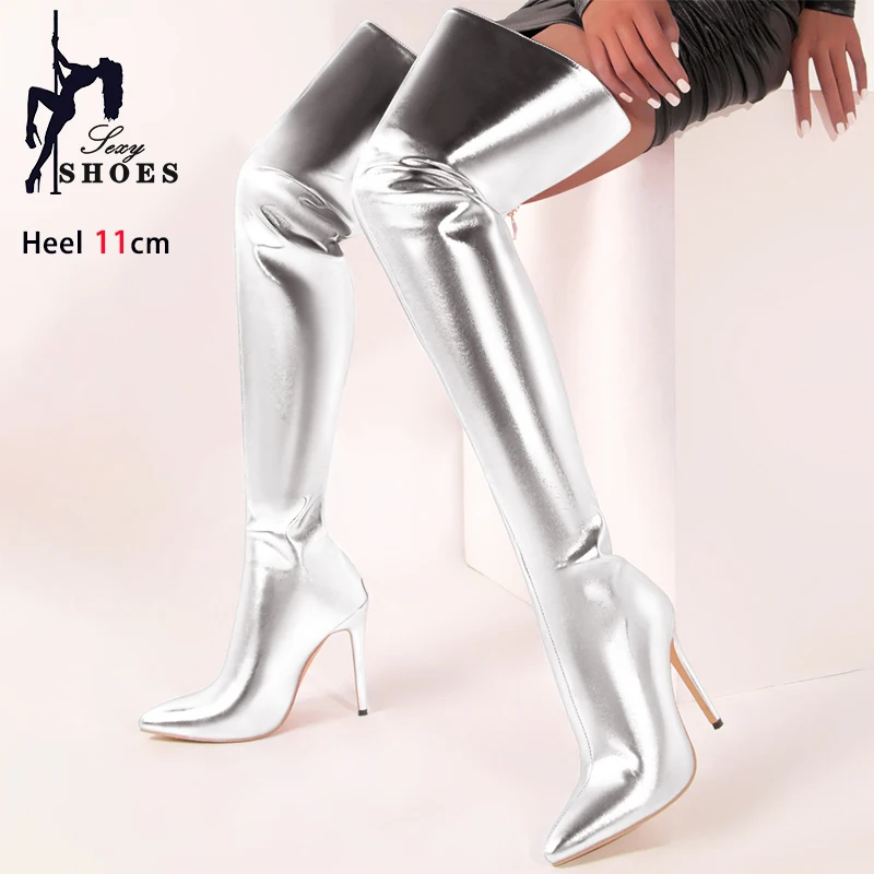 Women Pointed Toe Thigh High Boots Stage Show Back Zipper Heels Over The Knee Boots 2024 Autumn Winter Female Shoes Plus Size 46