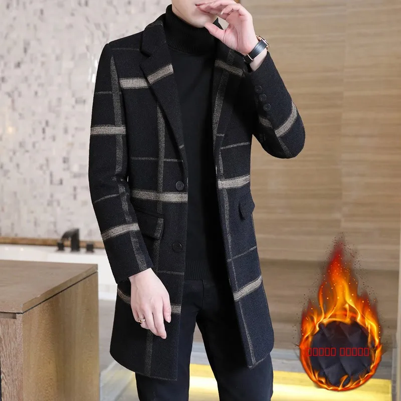 

Men's Mid-Length Plaid Woolen Coat Cotton-Enhanced Slim-Fit Suit Collar Faionable Ci-Sle Windbreaker for Autumn Winter
