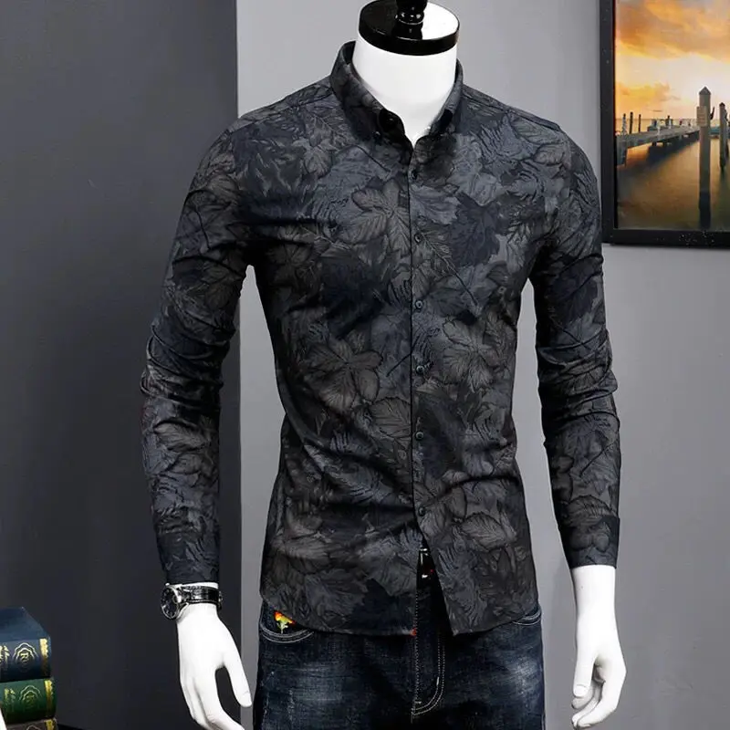 Man Tops with Print Floral Printed Long Sleeve Shirts and Blouses for Men Elegant Collar Xxl Slim Fit Sleeves Vintage Clothing S